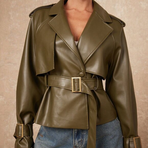 Army Green Casual Women's Long Sleeve faux leather mini Trench Coat - Picture 6 of 7